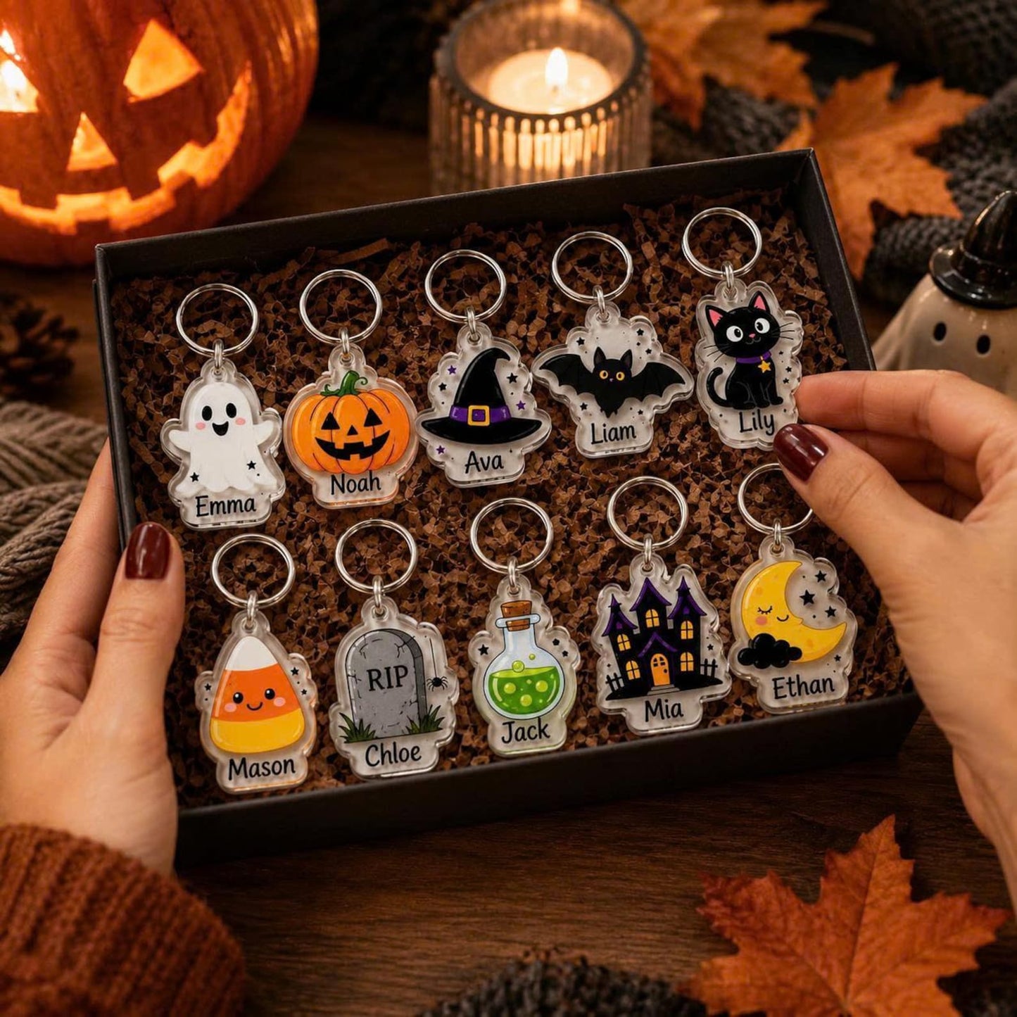 Personalized Halloween Acrylic Keychain, Custom Name Bag Charm, Trick or Treat Tag