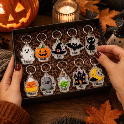 Personalized Halloween Acrylic Keychain, Custom Name Bag Charm, Trick or Treat Tag