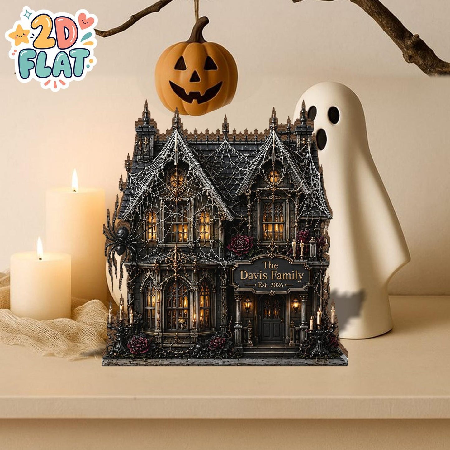 Personalized Haunted House Wooden Block, Gothic Halloween Decor