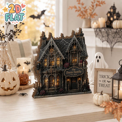 Personalized Haunted House Wooden Block, Gothic Halloween Decor