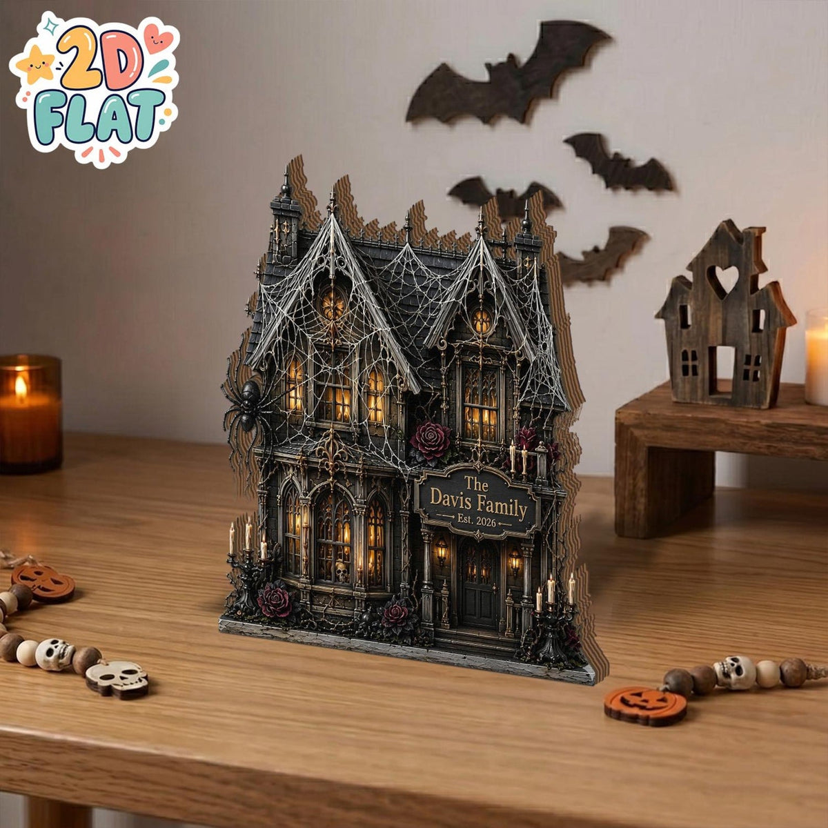 Personalized Haunted House Wooden Block, Gothic Halloween Decor