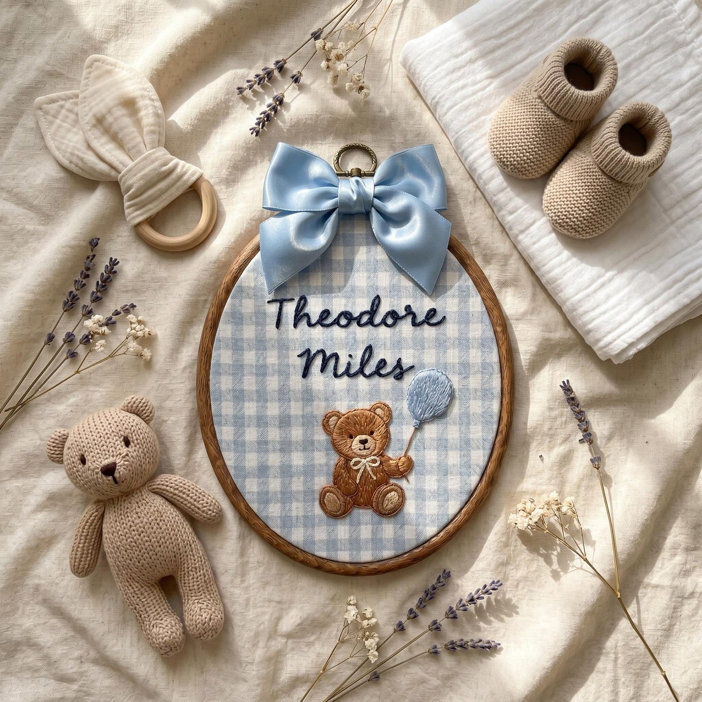Personalized Embroidered Teddy Bear Name Hoop, Baby Boy Nursery Decor, Custom Keepsake