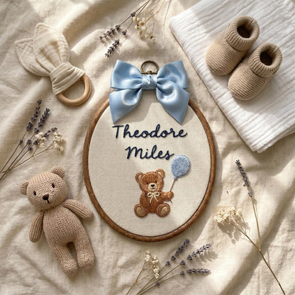 Personalized Embroidered Teddy Bear Name Hoop, Baby Boy Nursery Decor, Custom Keepsake