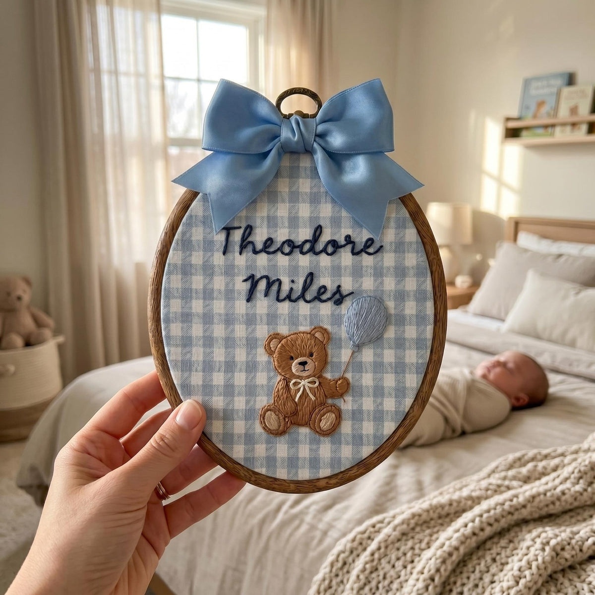 Personalized Embroidered Teddy Bear Name Hoop, Baby Boy Nursery Decor, Custom Keepsake