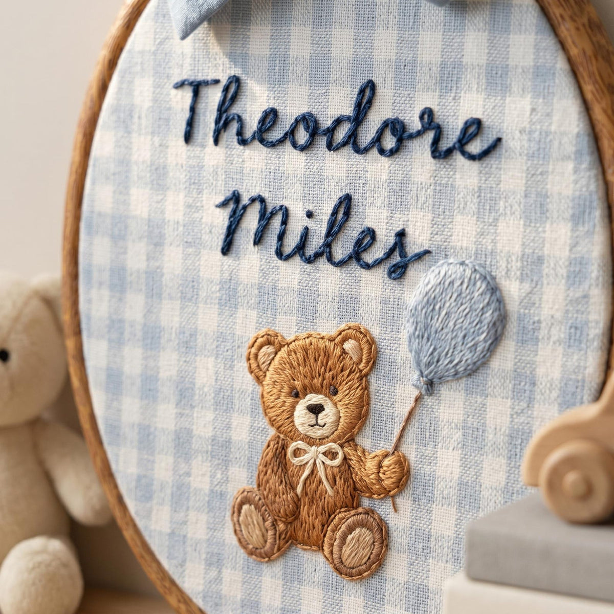 Personalized Embroidered Teddy Bear Name Hoop, Baby Boy Nursery Decor, Custom Keepsake
