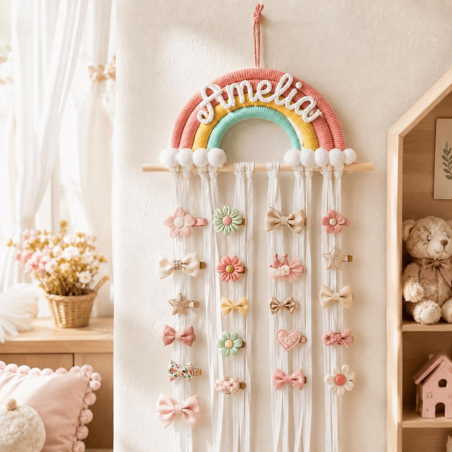 Personalized Rainbow Hair Bow Holder, Handmade Nursery Wall Hanging