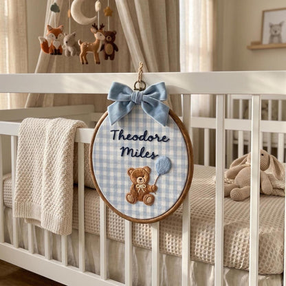 Personalized Embroidered Teddy Bear Name Hoop, Baby Boy Nursery Decor, Custom Keepsake