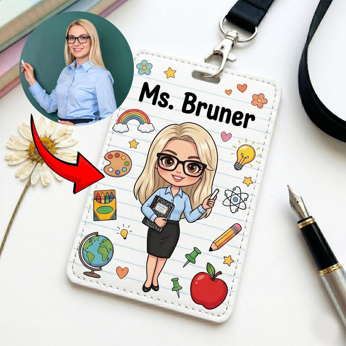 Custom Portrait Teacher Badge Holder, Personalized Cartoon Avatar ID Card Holder