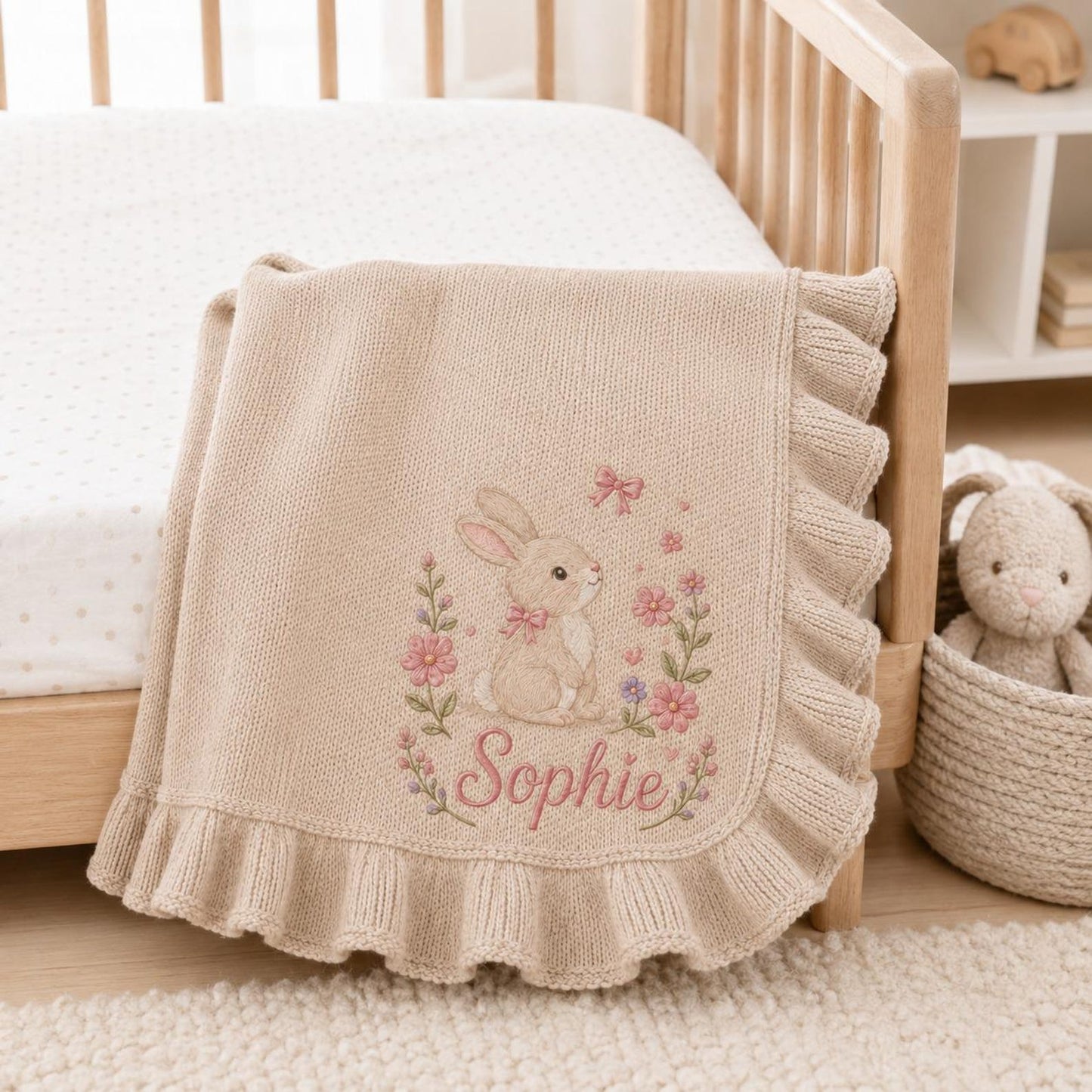 Personalized Baby Girl Blanket, Embroidered Bunny & Floral, Custom Name Sophie