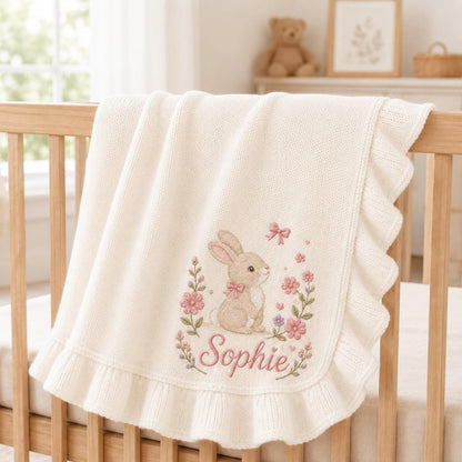 Personalized Baby Girl Blanket, Embroidered Bunny & Floral, Custom Name Sophie