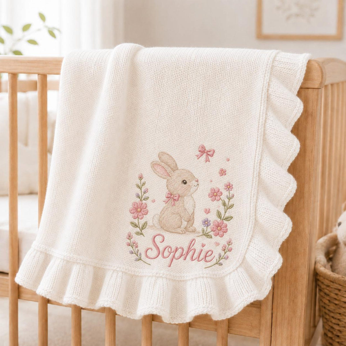 Personalized Baby Girl Blanket, Embroidered Bunny & Floral, Custom Name Sophie