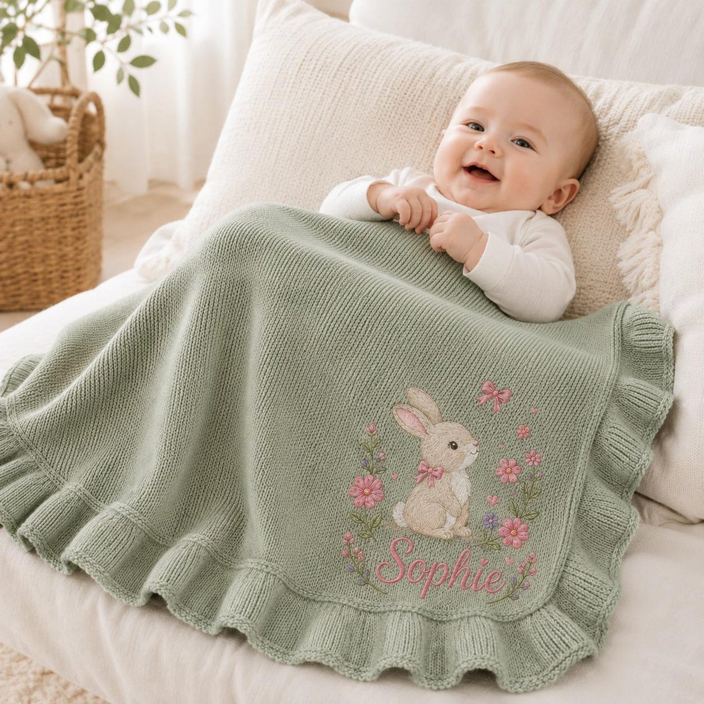Personalized Baby Girl Blanket, Embroidered Bunny & Floral, Custom Name Sophie