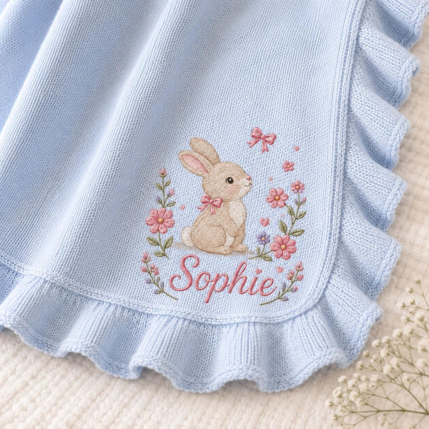Personalized Baby Girl Blanket, Embroidered Bunny & Floral, Custom Name Sophie