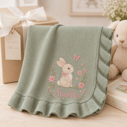 Personalized Baby Girl Blanket, Embroidered Bunny & Floral, Custom Name Sophie