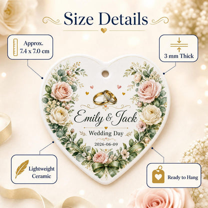 Personalized Wedding Ornament, Custom Ceramic Heart Keepsake, Bride Groom Gift