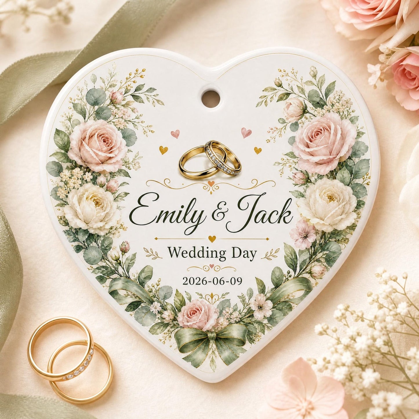 Personalized Wedding Ornament, Custom Ceramic Heart Keepsake, Bride Groom Gift