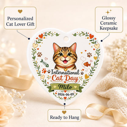 Personalized Cat Ornament, International Cat Day Gift, Custom Ceramic Heart Keepsake