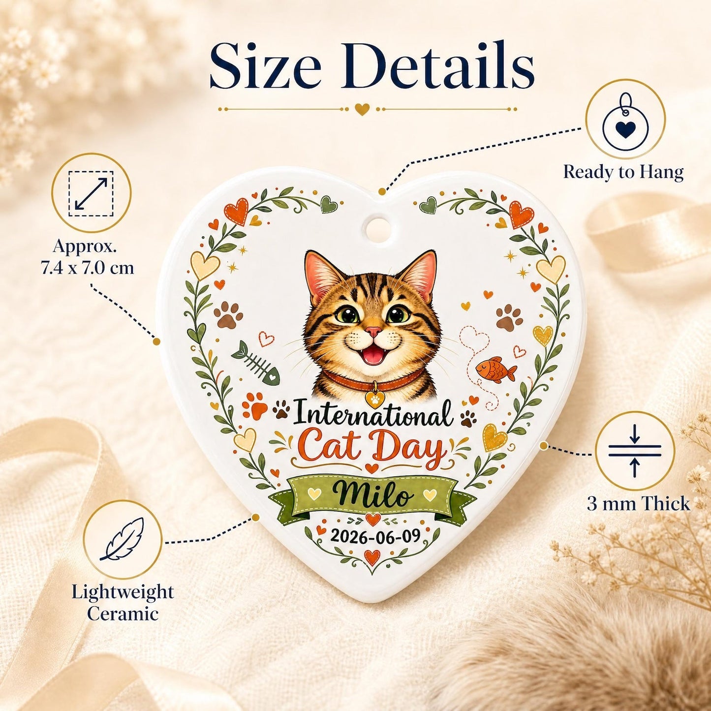 Personalized Cat Ornament, International Cat Day Gift, Custom Ceramic Heart Keepsake