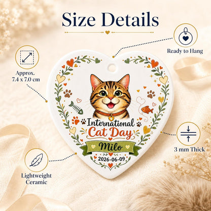 Personalized Cat Ornament, International Cat Day Gift, Custom Ceramic Heart Keepsake