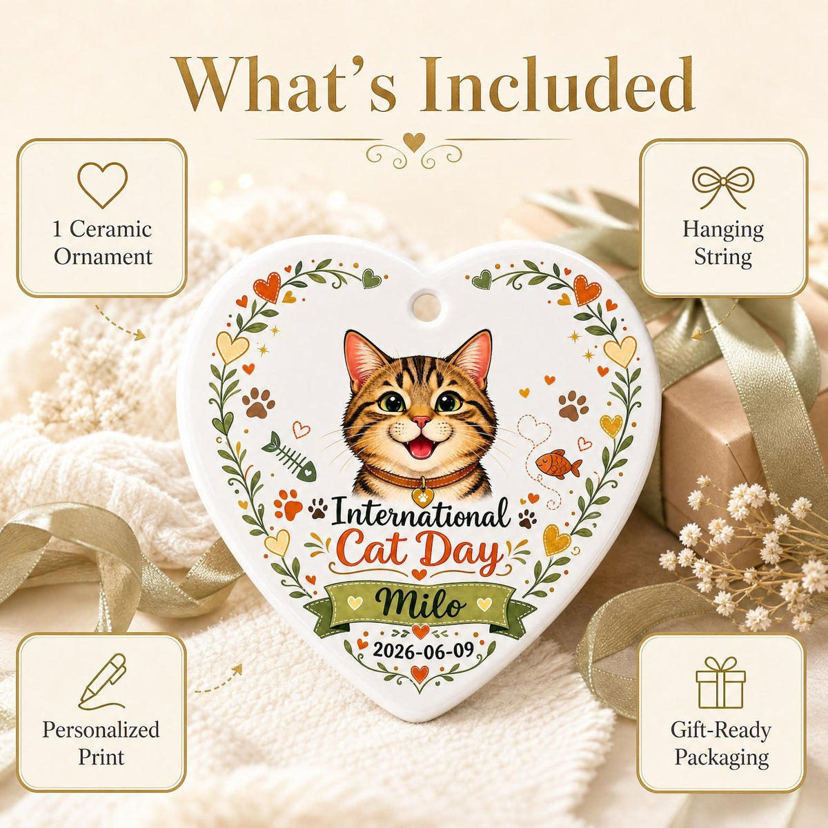 Personalized Cat Ornament, International Cat Day Gift, Custom Ceramic Heart Keepsake