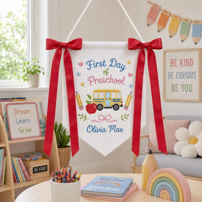 Personalized First Day of School Banner, Custom Embroidered Pre-K Sign