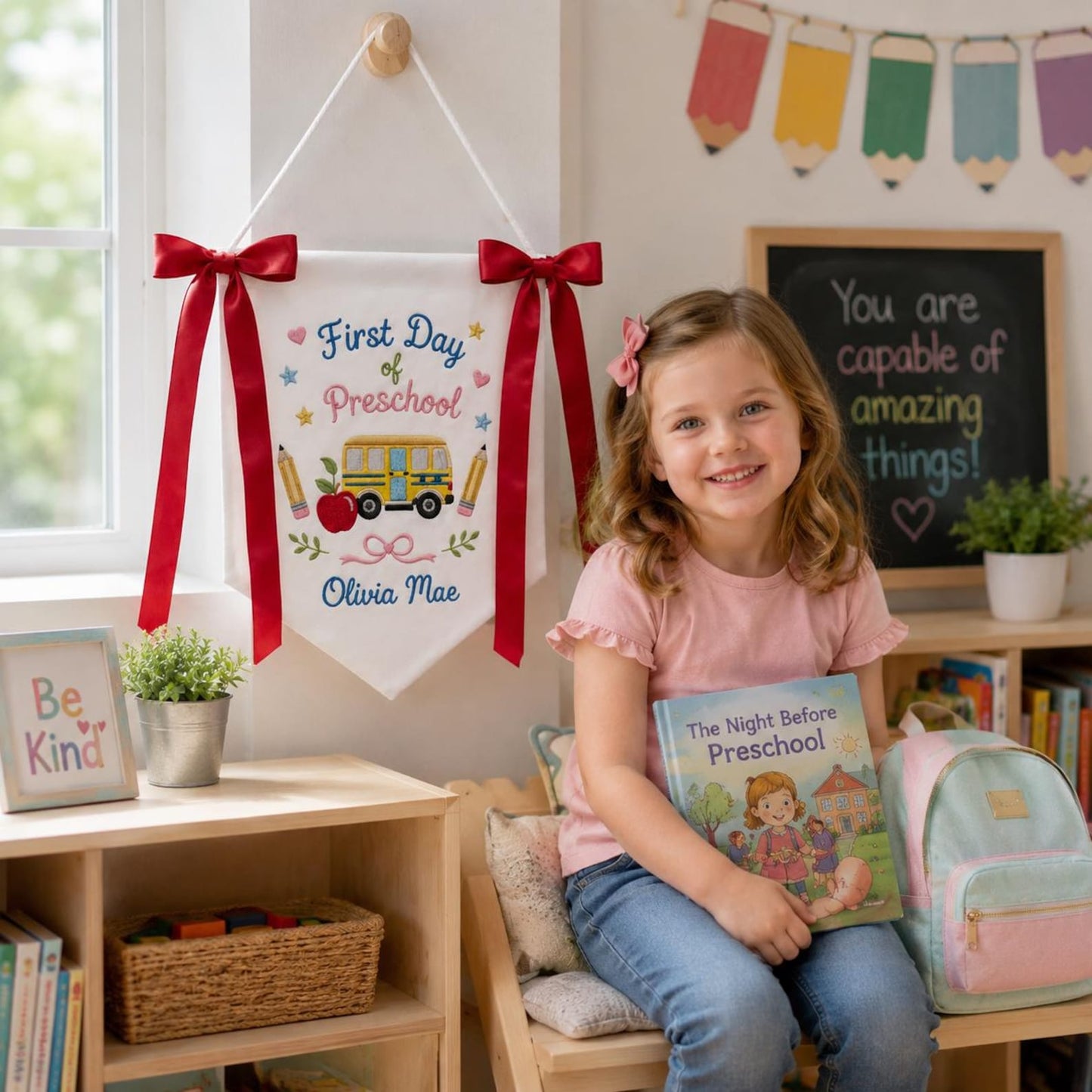 Personalized First Day of School Banner, Custom Embroidered Pre-K Sign