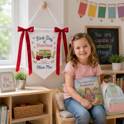 Personalized First Day of School Banner, Custom Embroidered Pre-K Sign