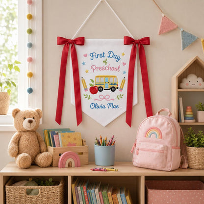 Personalized First Day of School Banner, Custom Embroidered Pre-K Sign