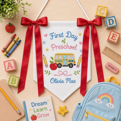 Personalized First Day of School Banner, Custom Embroidered Pre-K Sign