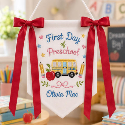 Personalized First Day of School Banner, Custom Embroidered Pre-K Sign