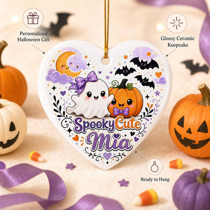 Personalized Halloween Ornament, Custom Ceramic Heart Keepsake, Spooky Cute Gift