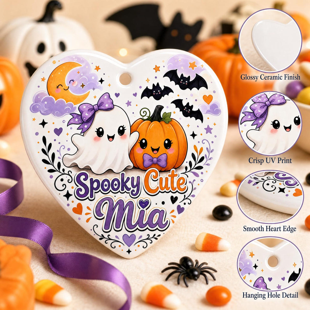 Personalized Halloween Ornament, Custom Ceramic Heart Keepsake, Spooky Cute Gift