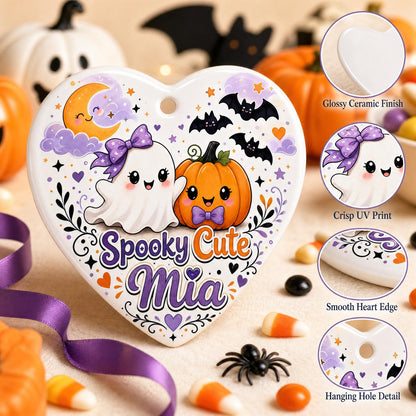 Personalized Halloween Ornament, Custom Ceramic Heart Keepsake, Spooky Cute Gift