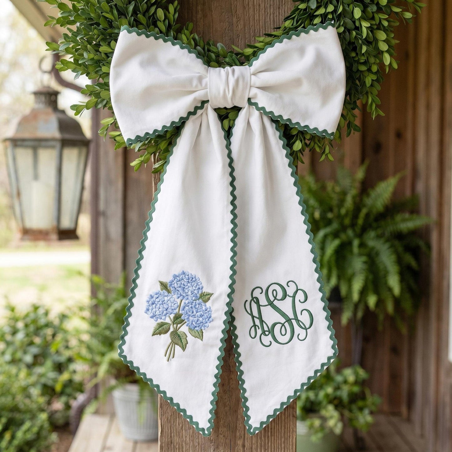 Monogram Hydrangea Wreath Sash, Blue Floral Door Bow, White Green Ric Rac
