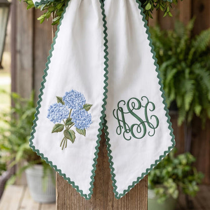 Monogram Hydrangea Wreath Sash, Blue Floral Door Bow, White Green Ric Rac