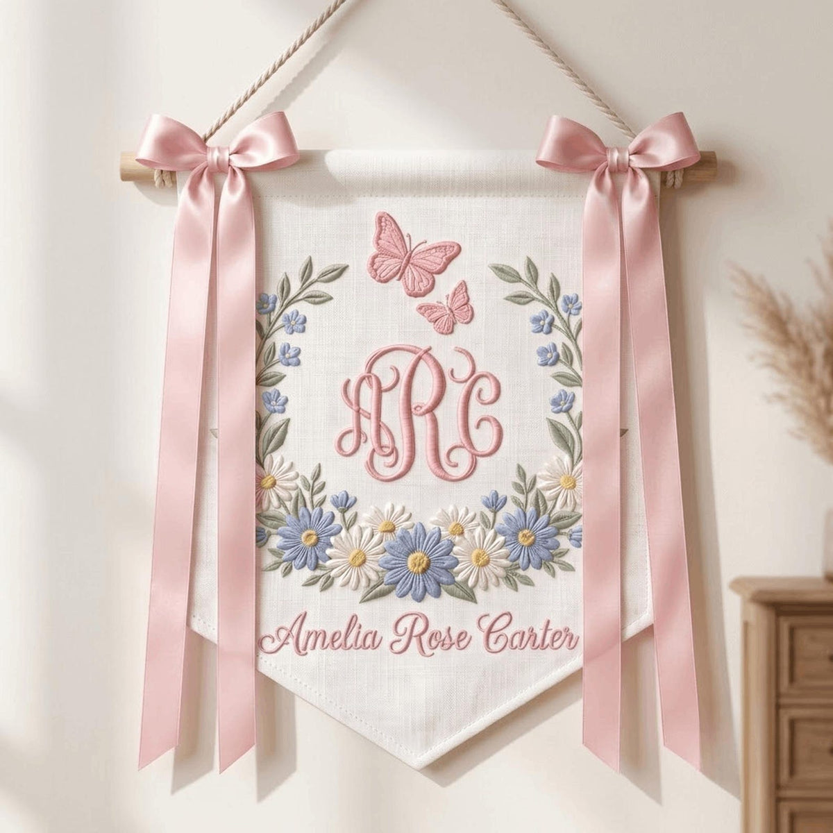 Floral Embroidered Baby Name Banner, Personalized Monogram Nursery Pennant