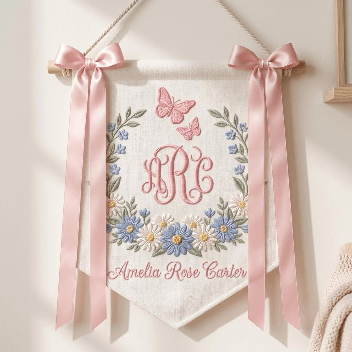 Floral Embroidered Baby Name Banner, Personalized Monogram Nursery Pennant