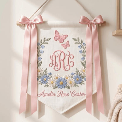 Floral Embroidered Baby Name Banner, Personalized Monogram Nursery Pennant