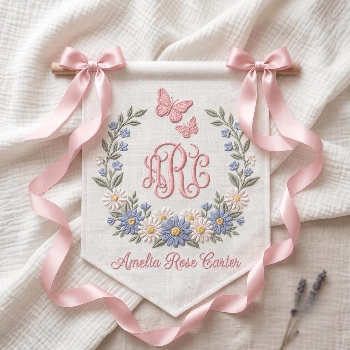 Floral Embroidered Baby Name Banner, Personalized Monogram Nursery Pennant
