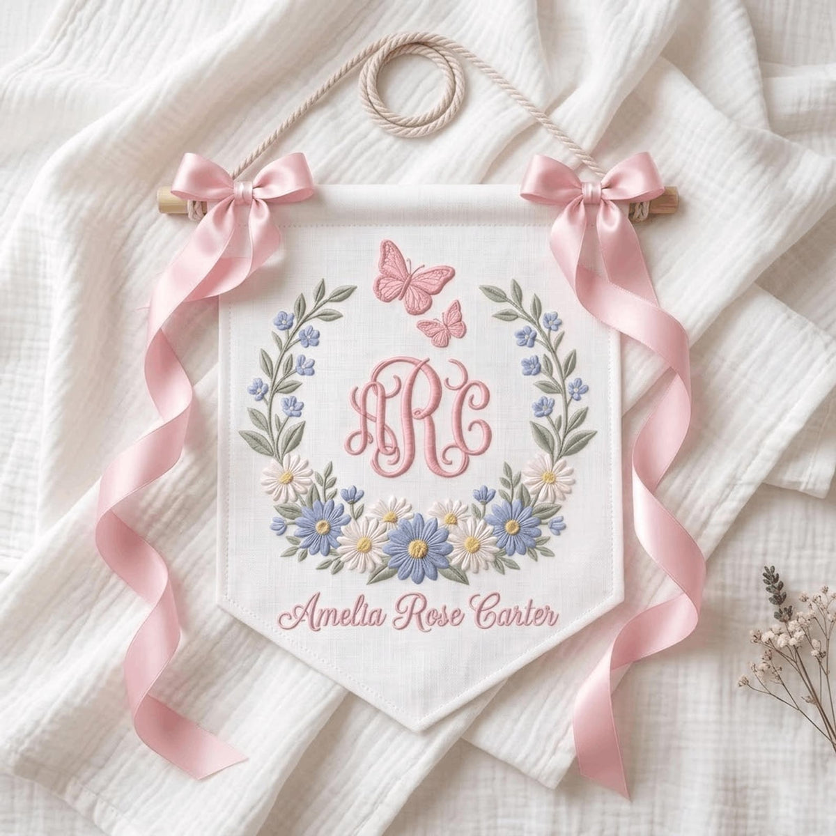 Floral Embroidered Baby Name Banner, Personalized Monogram Nursery Pennant
