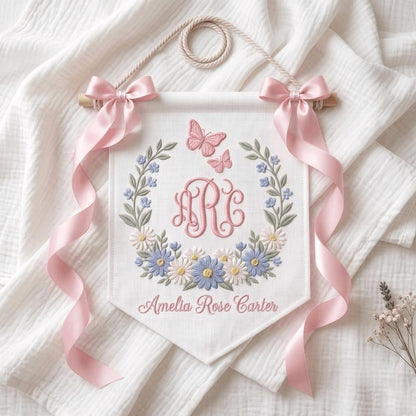 Floral Embroidered Baby Name Banner, Personalized Monogram Nursery Pennant