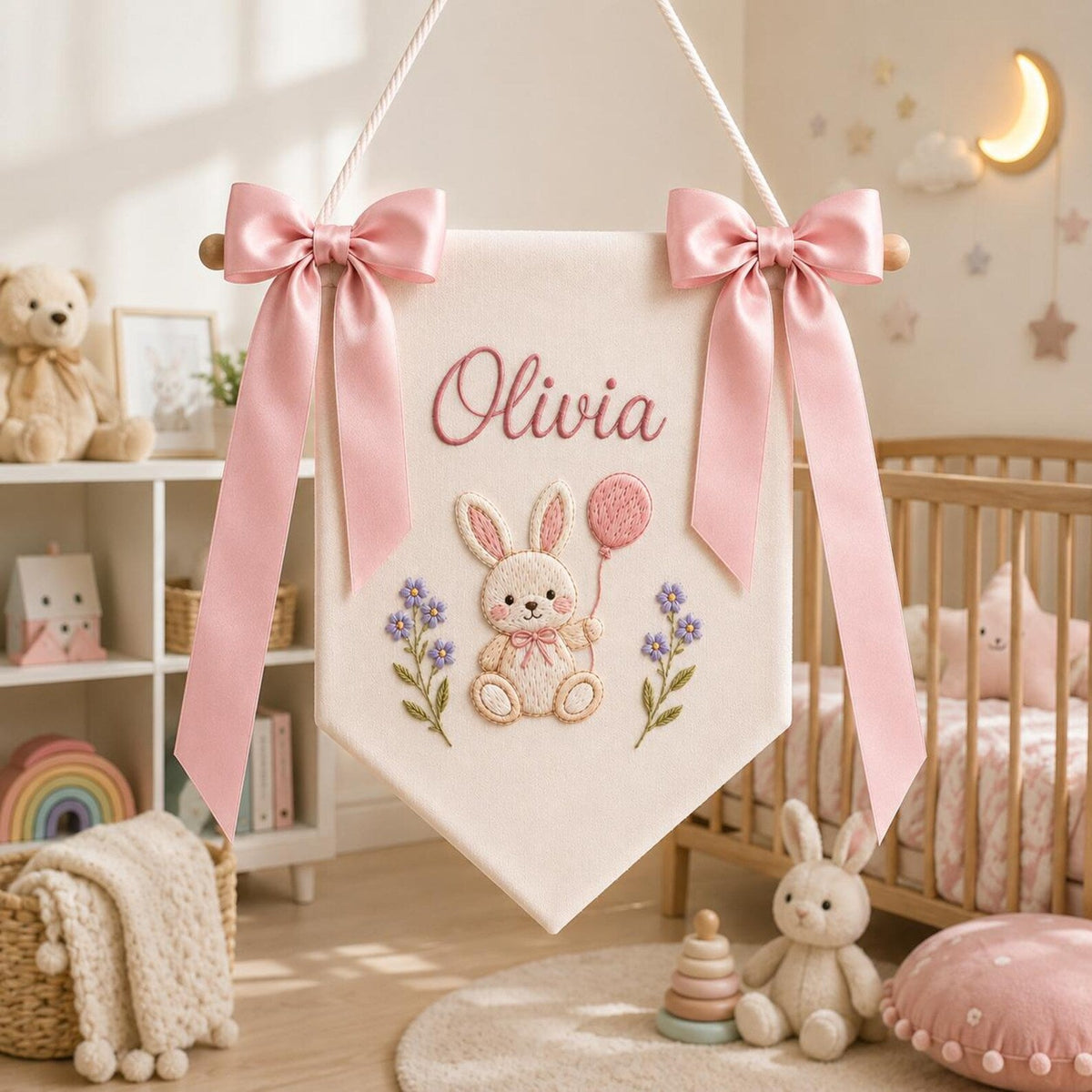 Personalized Bunny Baby Name Banner, Custom Nursery Door Sign, Bunny Baby Banner
