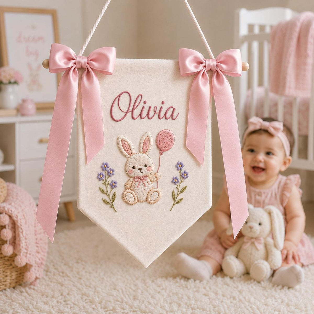 Personalized Bunny Baby Name Banner, Custom Nursery Door Sign, Bunny Baby Banner