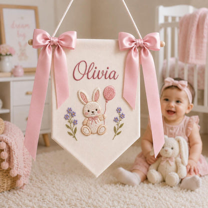 Personalized Bunny Baby Name Banner, Custom Nursery Door Sign, Bunny Baby Banner