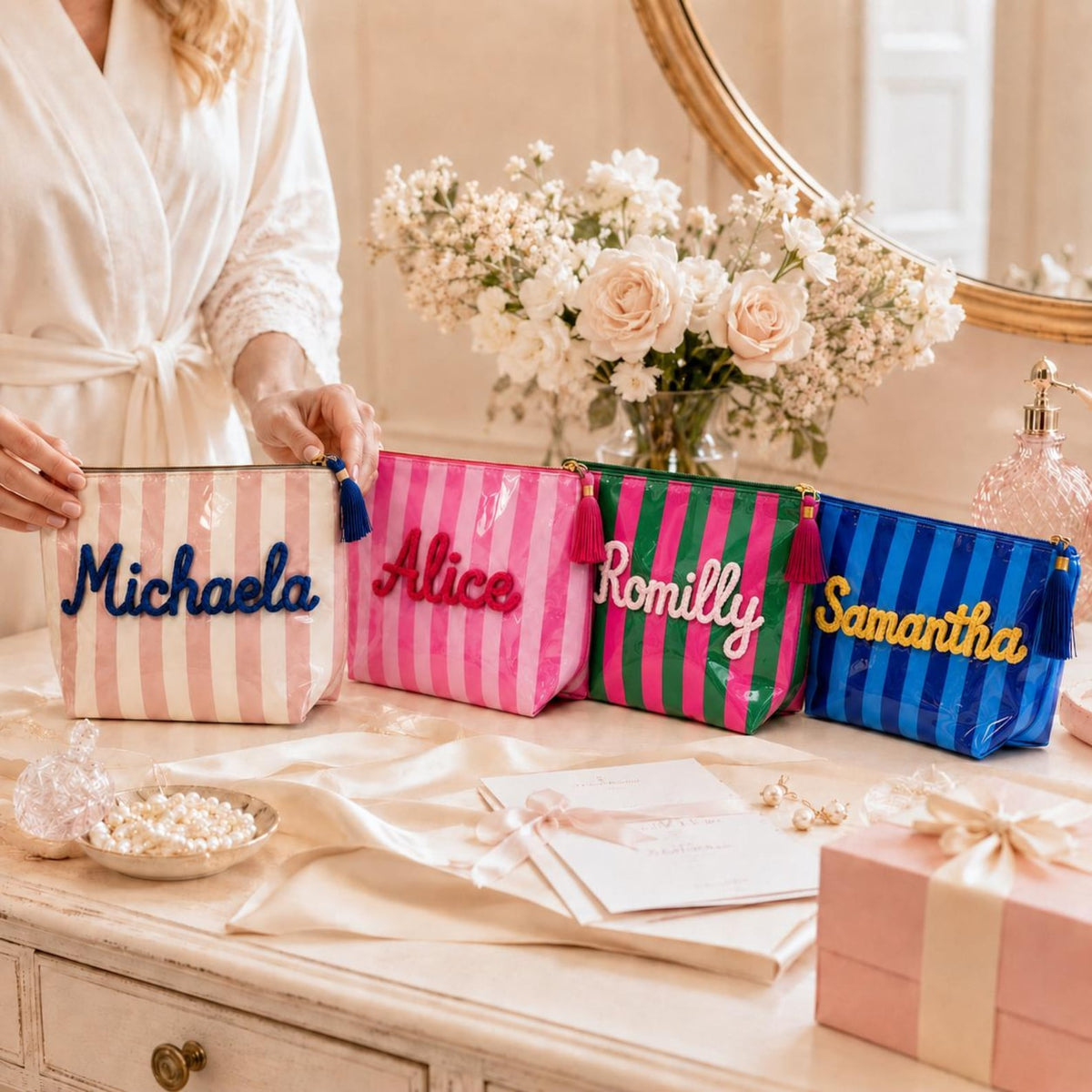 Personalized Travel Makeup Bag, Waterproof Striped Cosmetic Pouch