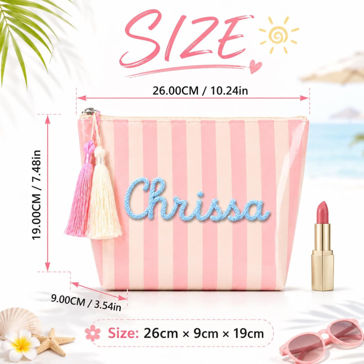 Personalized Travel Makeup Bag, Waterproof Striped Cosmetic Pouch