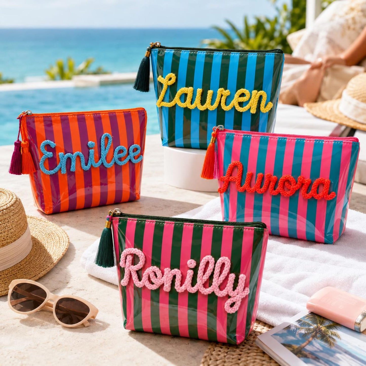 Personalized Travel Makeup Bag, Waterproof Striped Cosmetic Pouch