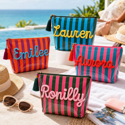 Personalized Travel Makeup Bag, Waterproof Striped Cosmetic Pouch