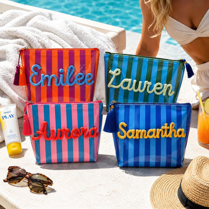 Personalized Travel Makeup Bag, Waterproof Striped Cosmetic Pouch