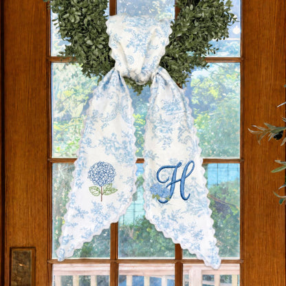Hydrangea Wreath Sash, Blue Toile with Scalloped Edge Summer Wreath Bow